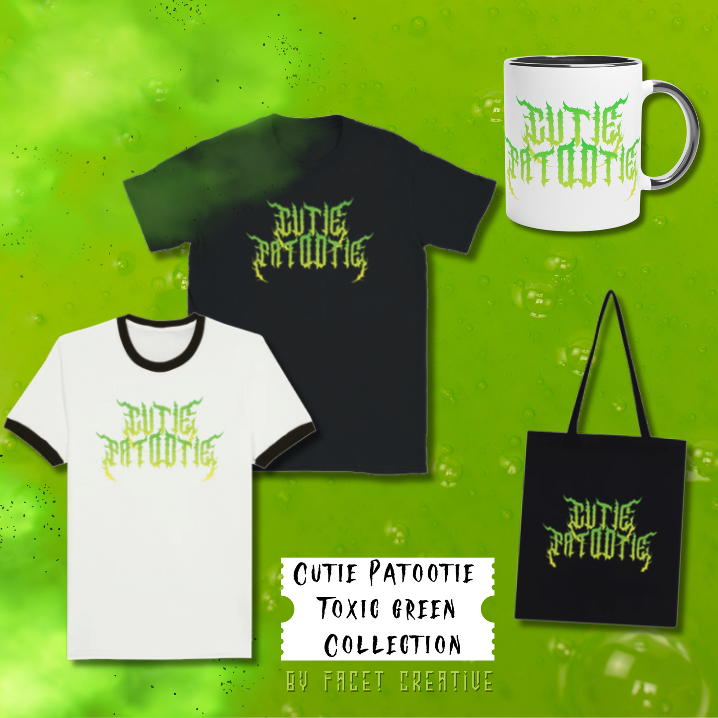 Cutie Patootie Ceramic Mug- Toxic Green on White/Black